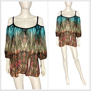 Y2K Vintage Bebe shoulder cut out silk butterfly tunic boho shirt top L